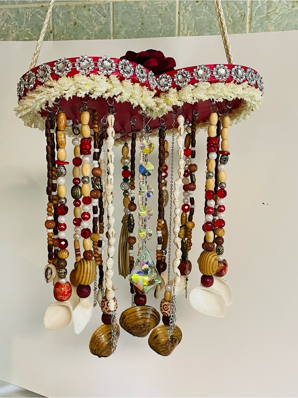 Boho Beaded Shell Hanging Chime - Red & Natural